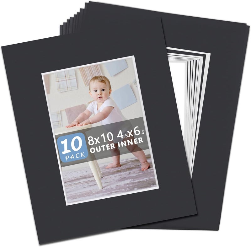 Somime 8x10 Precut Picture Mats,Black Mat 8x10 for 5x7 Photos with White Core Bevel Cut,Acid Free 8x10 Mats 5x7 Opening(10 Pack) - Image 1